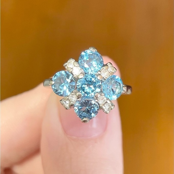swiss blue topaz diamond flower snowflake 10k solid white gold cluster r… - Picture 3 of 11